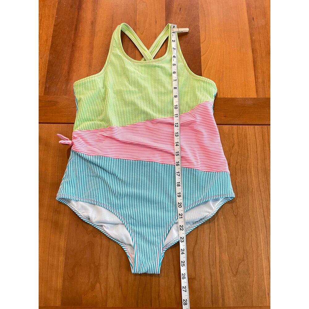 Lands End Girls One Piece Swimsuit Size 16 Colorblock Seersucker Stripe Swimwear - Picture 5 of 10
